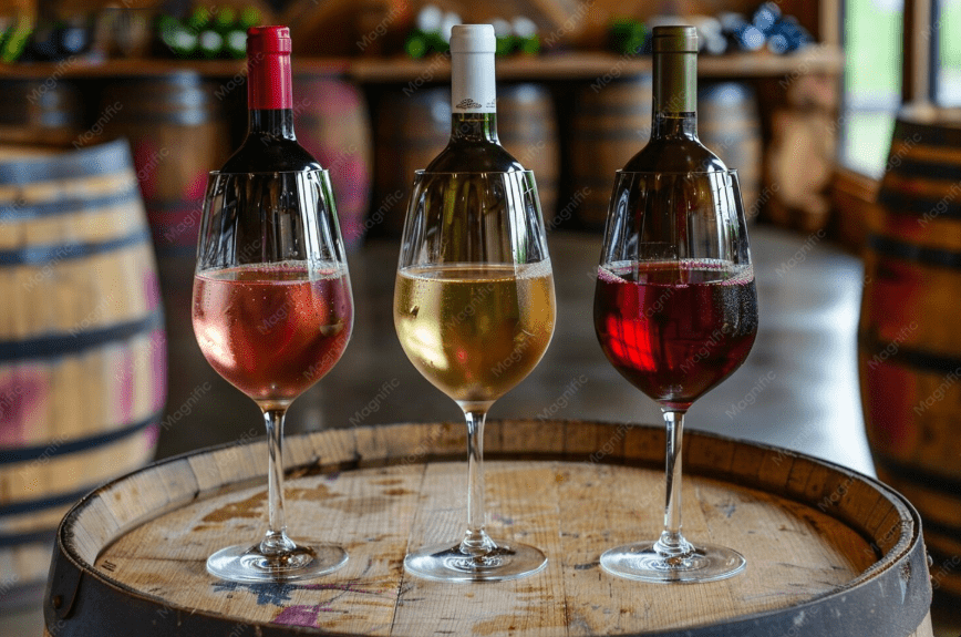 Three wine glasses on a wooden barrel display a rosé, white, and red wine, highlighting the variety of choices in a rustic winery setting.