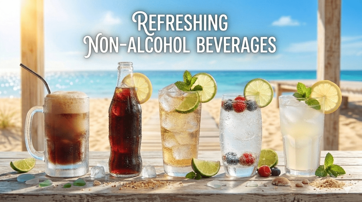 Colorful array of non-alcoholic beverages on a sandy beach table, featuring drinks garnished with lime and mint, set against a sunny ocean backdrop.